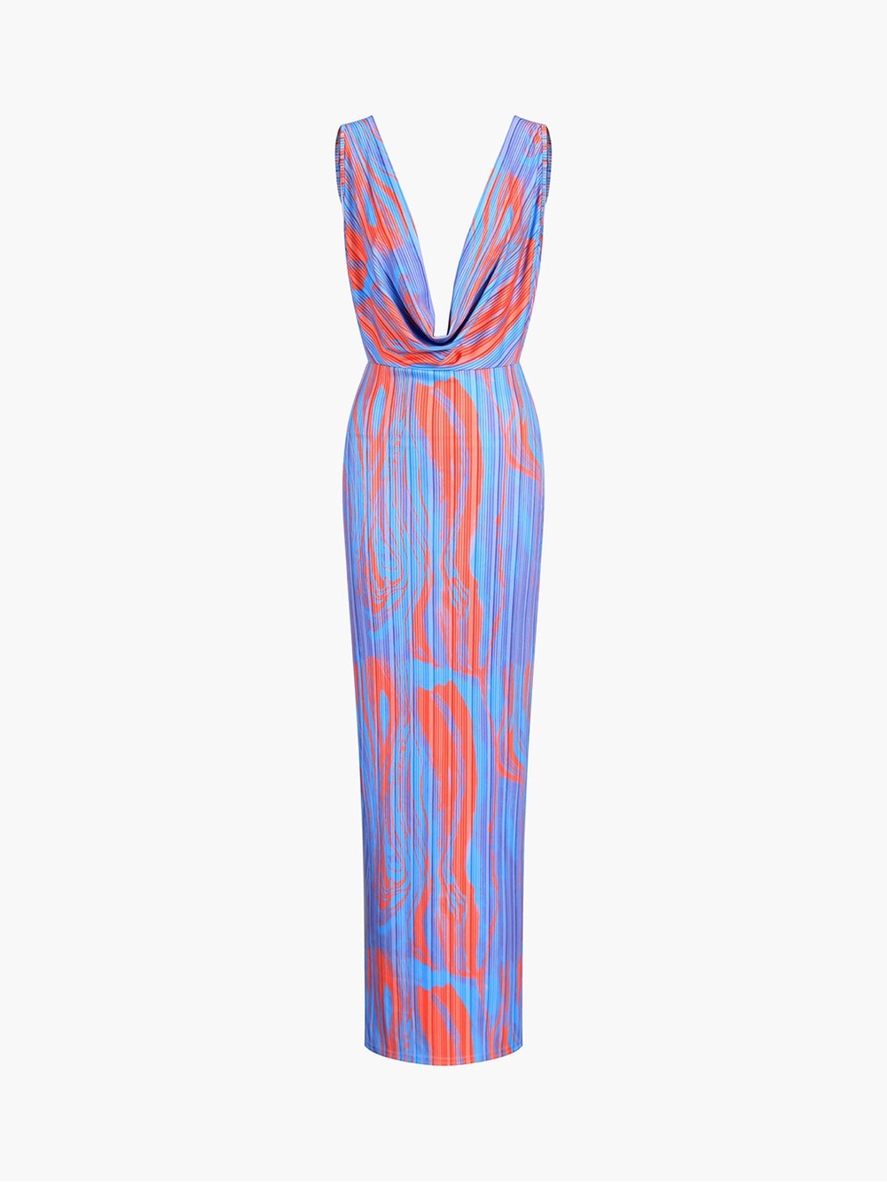 NWT Commense Flaming Passions Blue & Coral Cowl Neck Long Dress